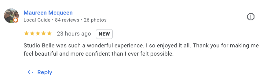 Review card: Maureen Mcqueen, Local Guide, 5 stars, praising Studio Belle, posted 23 hours ago (NEW badge visible).